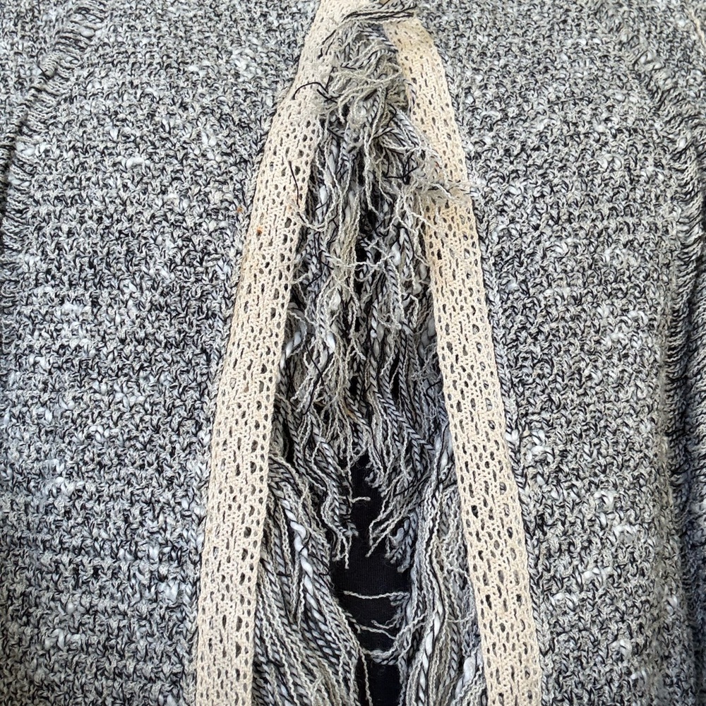 Chico's Boho Knit Open Sweater with crochet Trim and Fringe - Picture 3 of 7